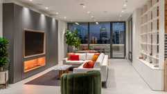 Luxury living room in downtown Cincinnati with views of the city's skyline