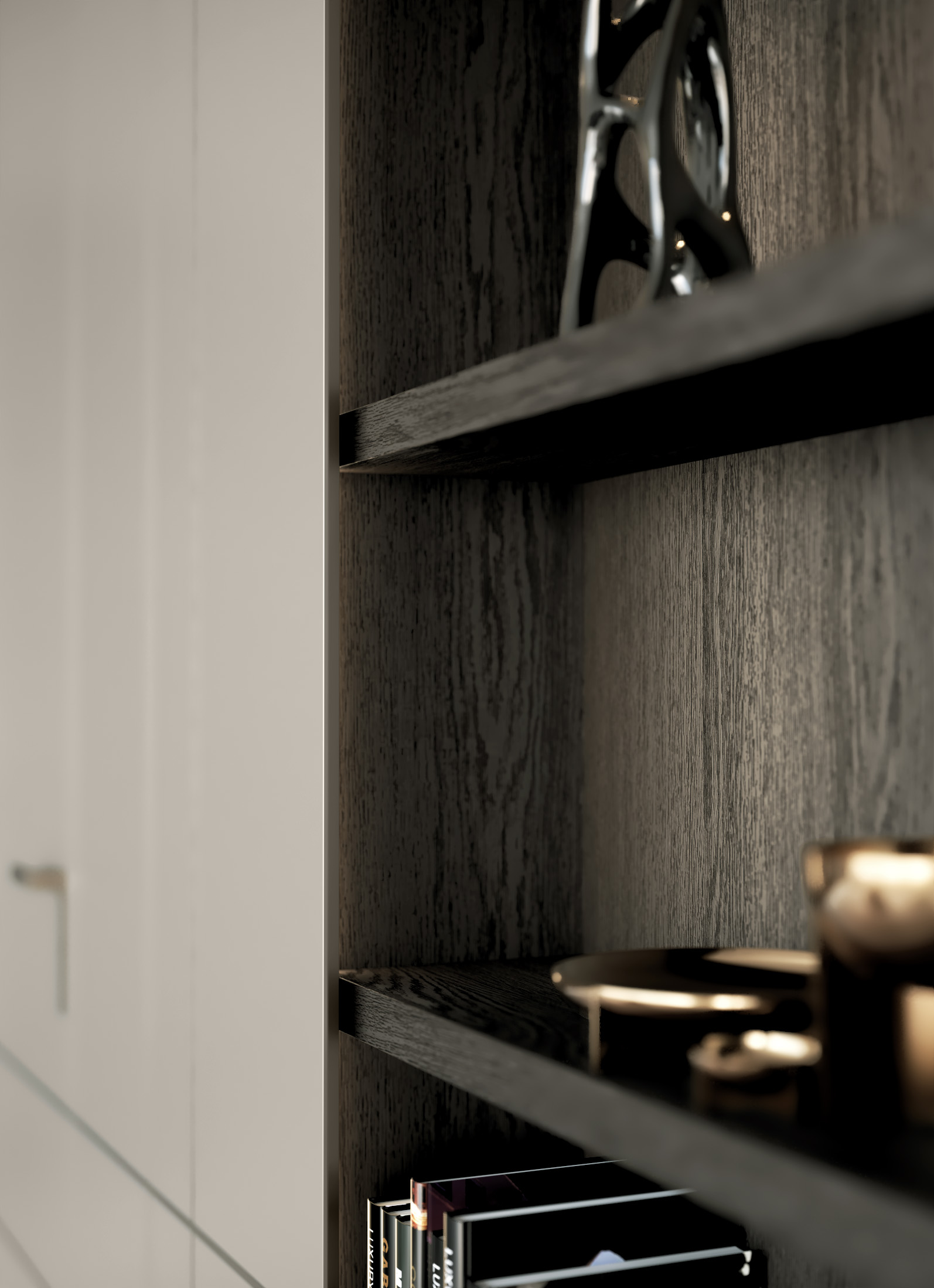 Shallow built-in wall unit that contains bookshelves.