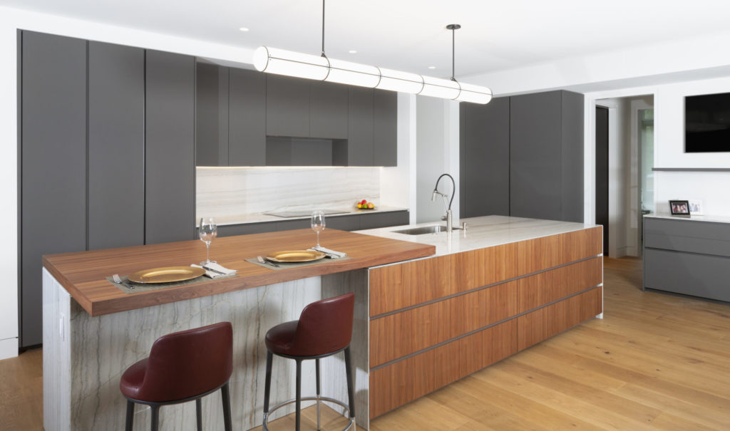 Modern kitchen island that separates the preparation area from the cleaning area